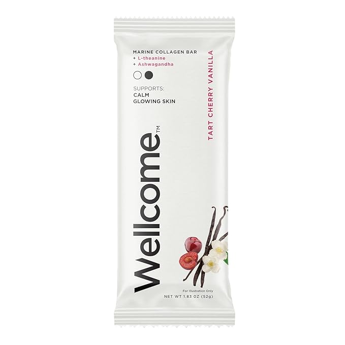 Wellcome Tart Cherry Vanilla Marine Collagen Protein Bar with Ashwagandha and L-Theanine - Adaptogenic Snack Bar - Dairy Free Health Bar for Functional Active Lifestyle (Pack of 12)