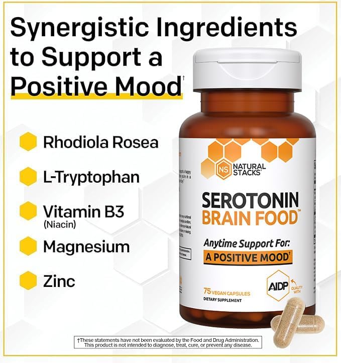 NATURAL STACKS Serotonin Brain Food w/L-Tryptophan & Rhodiola Rosea - Mood Support Supplement - Promotes Positive Mood, Calmness, Stress Relief - Happy Mood & Brain Support Supplement - 75 Capsules