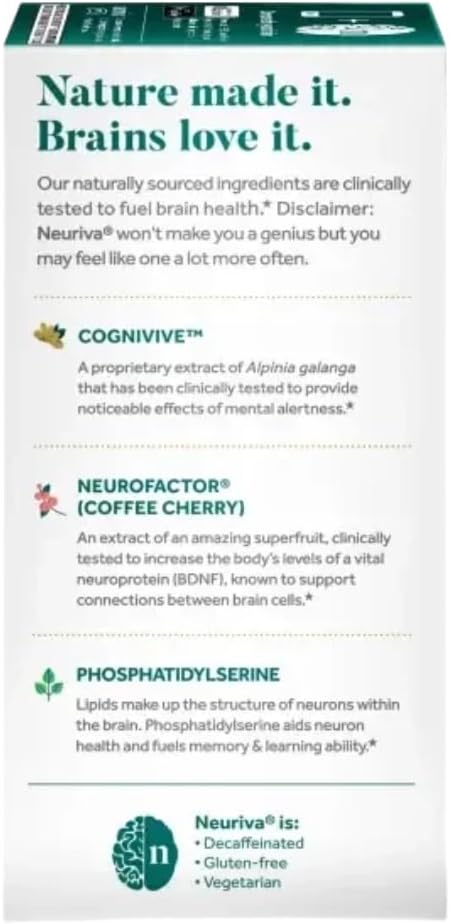 NEURIVA Ultra Brain Supplement for Mental Alertness, Memory, Focus & Concentration with Clinically Tested Cognivive, Neurofactor, Phosphatidylserine, Vitamins B6 & B12, 60 Count Capsules (2 Pack)