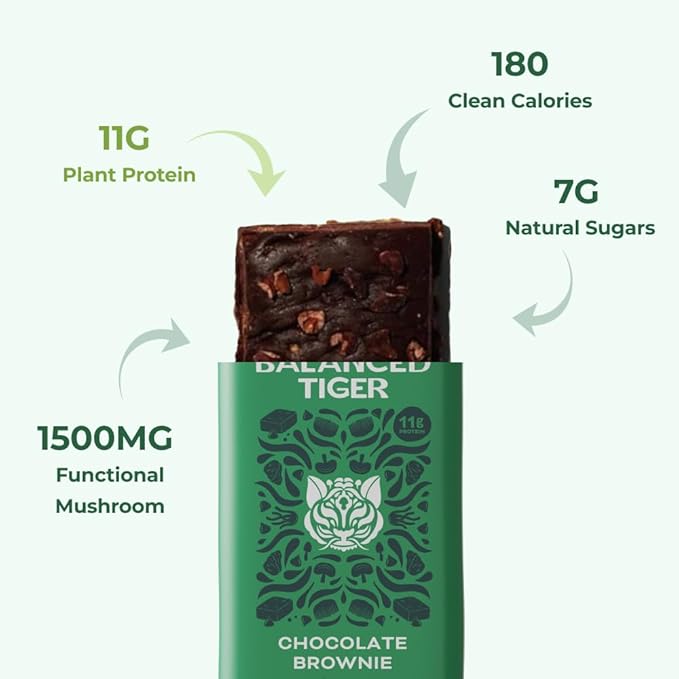 Organic Functional Mushroom Vegan Protein Bars | Made in USA | Full Dose (1500mg) Lions Mane, Chaga, Reishi & Cordyceps Bars | Plant Protein Bars w/Adaptogens & Superfoods | Chocolate Brownie Flavor