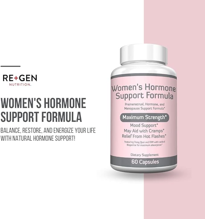 Re+Gen Nutrition Women's Hormone Balance Support, Supplement with Vitamin E, Dong Quai, and DIM 200mg with BioPerine, PMS, Hot Flashes, Mood Swings, Night Sweats Support, 60 Capsules, 2 Month Supply
