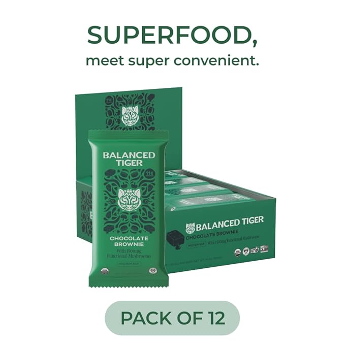 Organic Functional Mushroom Vegan Protein Bars | Made in USA | Full Dose (1500mg) Lions Mane, Chaga, Reishi & Cordyceps Bars | Plant Protein Bars w/Adaptogens & Superfoods | Chocolate Brownie Flavor