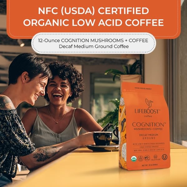 Lifeboost Cognition Adaptogenic Decaf Mushroom Coffee - Lions Mane & Chaga Nootropic Coffee - Low Acid Decaf Medium Organic Coffee - Increase Energy, Boost Focus & Immune Support - 12 oz Bag - Ground