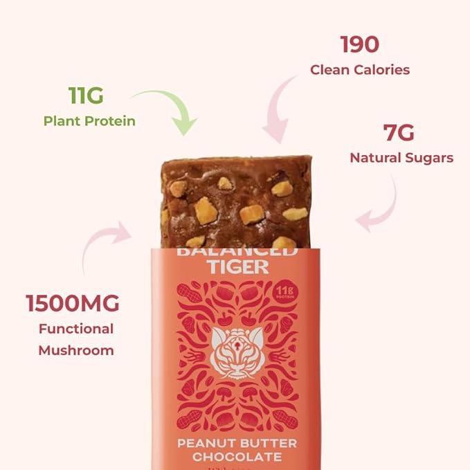 Organic Functional Mushroom Vegan Protein Bars | Made in USA | Full Dose (1500mg) Lions Mane, Chaga, Reishi & Cordyceps Bars | Plant Protein Bars w/ Adaptogens & Superfoods | Peanut Butter Chocolate Flavor