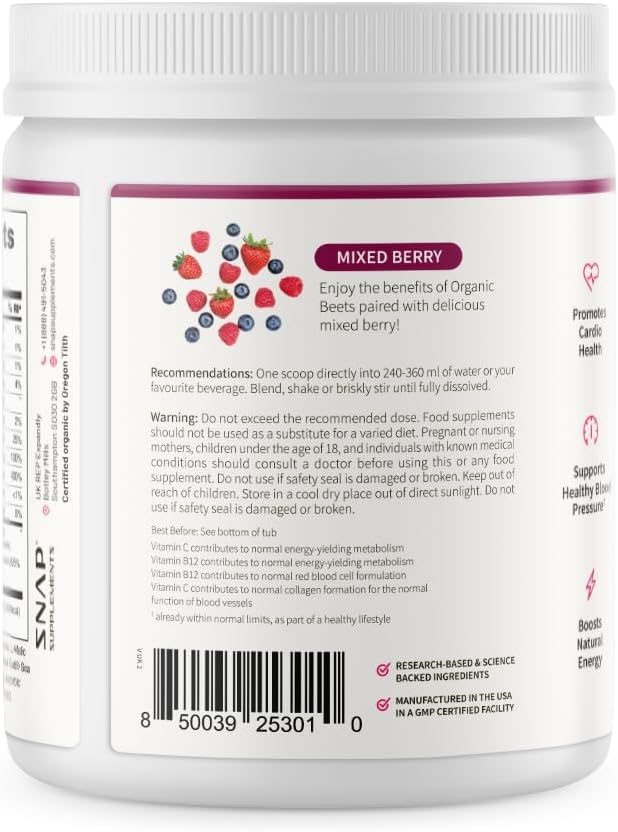 Snap Supplements Organic Beet Root Powder, Nitric Oxide Superfood Supplement with Beets, B Vitamins, Pomegranate & Red Spinach for Energy, Heart Health & Circulation Support, 30 Servings, Mixed Berry