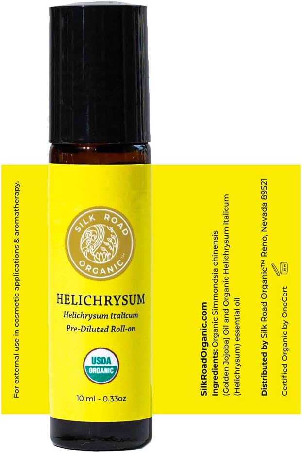 Organic Helichrysum Italicum Essential Oil Roll On, 100% Pure USDA Certified Aromatherapy for Skin Vitality & Anti-Aging - 10 ml Roller by Silk Road Organic - Always Pure, Always Organic