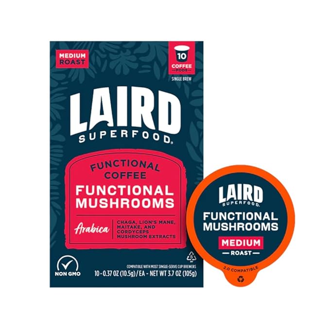 Laird Superfood K-Cups with Functional Mushrooms – Medium Roast, 10ct - Made with Organic Extracts of Chaga Mushrooms, Lion’s Mane, Maitake, and Cordyceps Functional Mushrooms