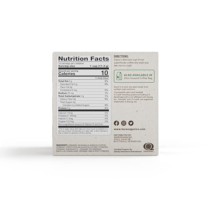 BareOrganics ENERGIZING USDA Organic Coffee Infused with Superfoods & Probiotics, Organic Coffee Pods, Compatible Organic Coffee Pods, Vegan, Gluten Free Single Serve 80ct Bulk Pack (15948)