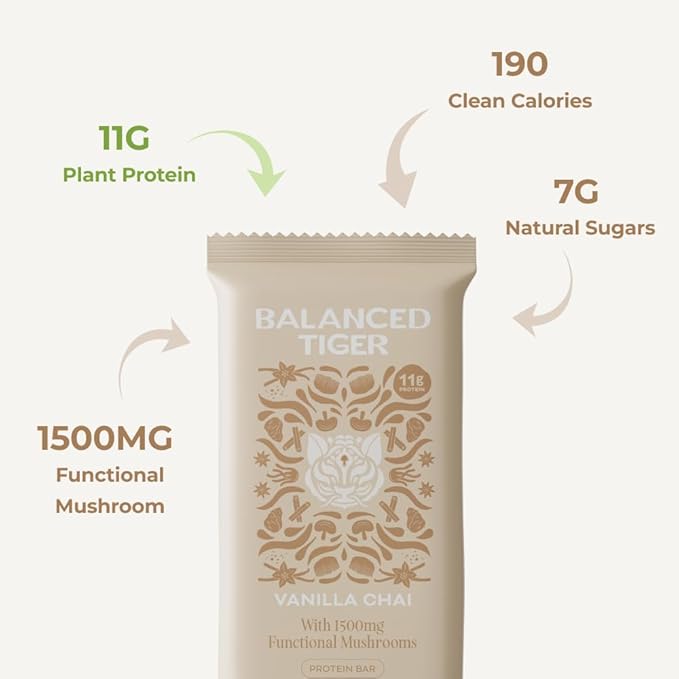 Organic Functional Mushroom Vegan Protein Bars | Made in USA | Full Dose (1500mg) Lions Mane, Chaga, Reishi & Cordyceps Bars | Plant Protein Bars w/Adaptogens & Superfoods | Vanilla Chai Flavor