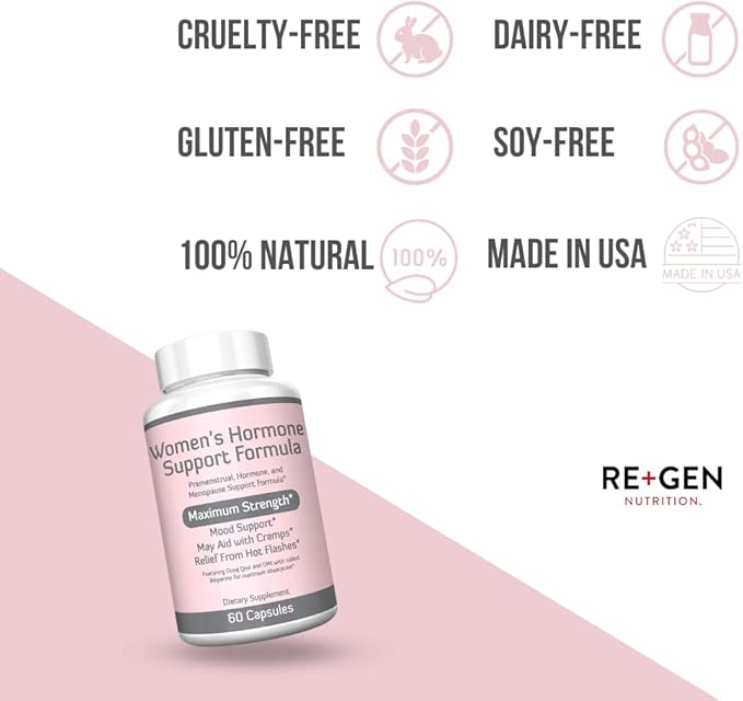 Re+Gen Nutrition Women's Hormone Balance Support, Supplement with Vitamin E, Dong Quai, and DIM 200mg with BioPerine, PMS, Hot Flashes, Mood Swings, Night Sweats Support, 60 Capsules, 2 Month Supply