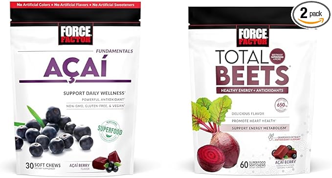 Force Factor Acai Soft Chews for Immunity & Total Beets Soft Chews for Heart Healthy Energy, 30 & 60 Chews