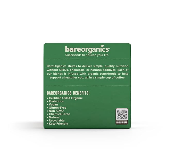 Bare Organics 14198 ENERGIZING USDA Organic Coffee Infused with Superfoods & Probiotics, Organic Coffee Pods, Compatible Organic Coffee Pods, Vegan, Gluten Free, 10ct (Pack of 6)