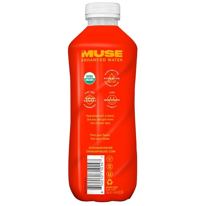 MyMuse Organic Enhanced Flavored Water, Blood Orange, 16.9 Fl Oz Bottle (12 pack), 1G of Sugar, Immune Support with Zinc & Elderberry, Antioxidants Vitamin E, Low Calories, USDA organic
