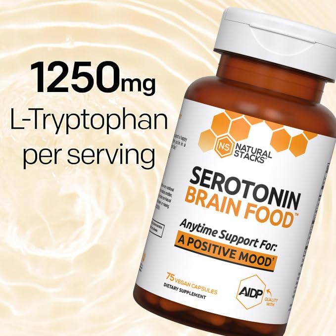 NATURAL STACKS Serotonin Brain Food w/L-Tryptophan & Rhodiola Rosea - Mood Support Supplement - Promotes Positive Mood, Calmness, Stress Relief - Happy Mood & Brain Support Supplement - 75 Capsules