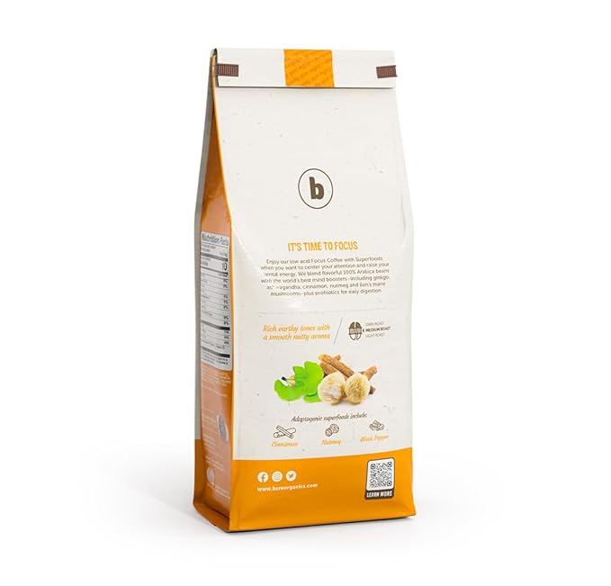 BareOrganics Artisan Ground FOCUS Bagged Coffee with Superfoods, Medium Roast, Non-GMO & Gluten-free, Ginkgo, Ashwagandha & Lion’s Mane Mushrooms, 10 oz