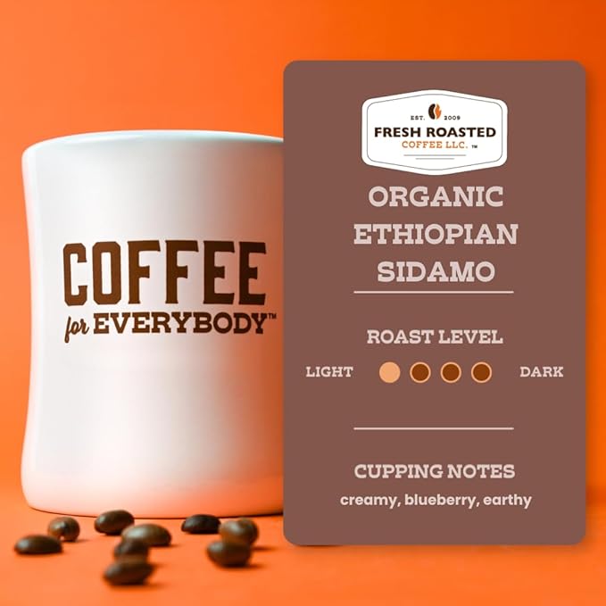 Fresh Roasted Coffee, Fair Trade Organic Ethiopian Sidamo, 5 lb (80 oz), Light Roast, Kosher, Whole Bean