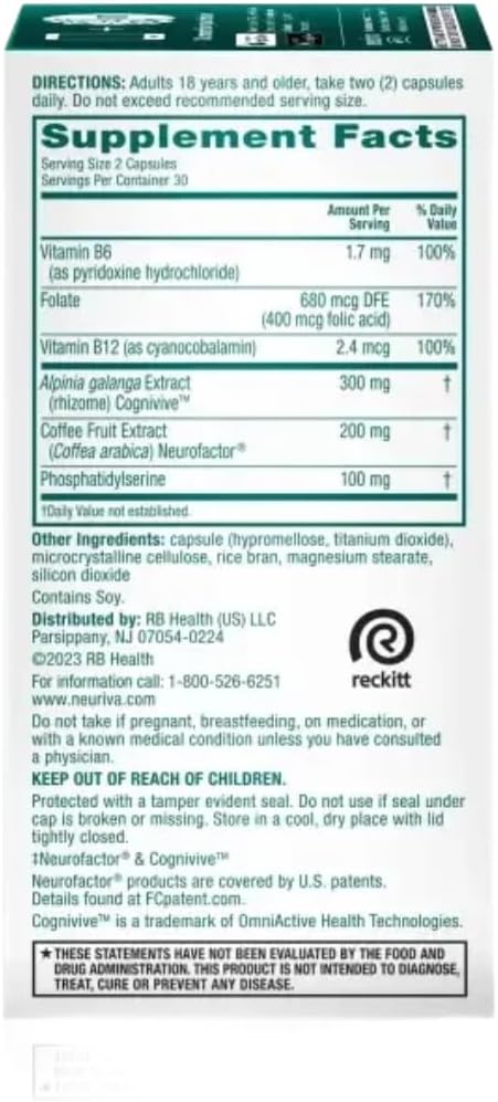 NEURIVA Ultra Brain Supplement for Mental Alertness, Memory, Focus & Concentration with Clinically Tested Cognivive, Neurofactor, Phosphatidylserine, Vitamins B6 & B12, 60 Count Capsules (2 Pack)