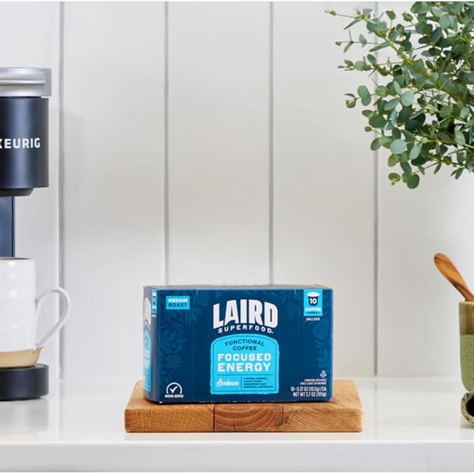 Laird Superfood K-Cups with Functional Mushrooms - Focused Energy, 10ct - Plant-Based Blend of Lions Mane Mushrooms, Rhodiola Extract, and Coffee Cherry - Delicious and Convenient