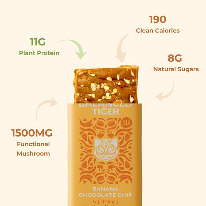 Organic Functional Mushroom Vegan Protein Bars | Made in USA | Full Dose (1500mg) Lions Mane, Chaga, Reishi & Cordyceps Bars | Plant Protein Bars w/ Adaptogens & Superfoods | Banana Chocolate Chip Flavor