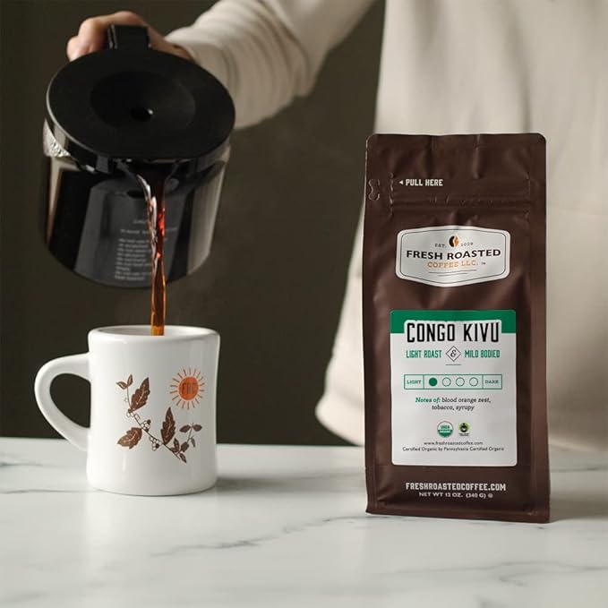 Fresh Roasted Coffee, Fair Trade Organic Congo Kivu, 12 oz, Light Roast, Kosher, Whole Bean