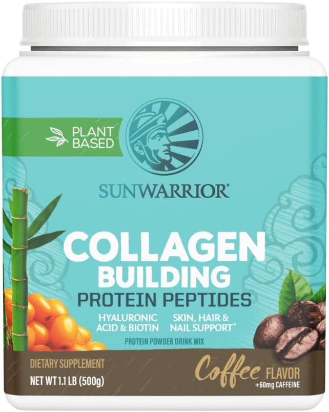 Sunwarrior Vegan Collagen Building Peptides Plant-Based Protein Powder with Hyaluronic Acid & Biotin for Hair Skin Nail Support Non-GMO Dairy Sugar Free Low Carb | Coffee Flavored 20 Servings