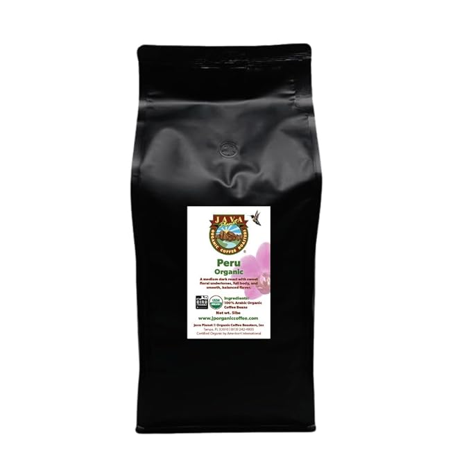 Java Planet Organic, Peru Single Origin Medium Dark Roast, Smooth Full Flavored Organic Coffee Beans, Low Acid, Whole Bean Coffee, Smithsonian Bird Friendly 5lb bag