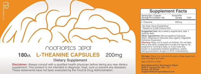 Nootropics Depot L-Theanine Capsules 200mg (180 Count)