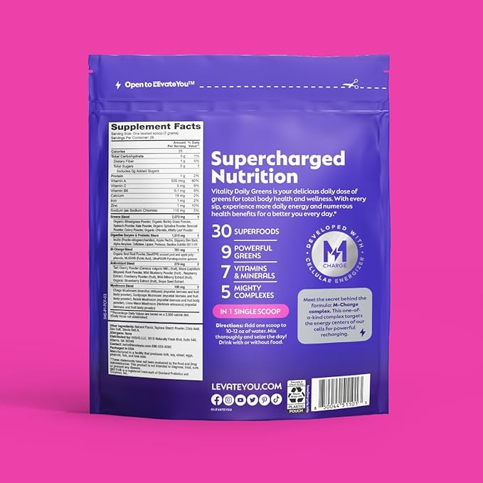 L'Evate You Vitality Daily Greens Powder (28 Servings) 30 Superfoods, 9 Greens - for a Cellular Energy Boost, Powered by M-Charge Complex for All Day Energy (Tart Cherry)
