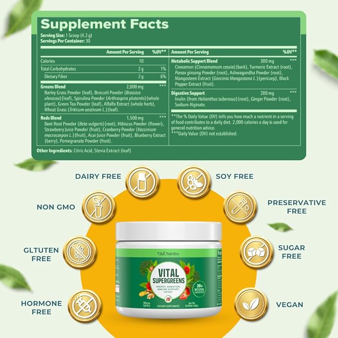 Vital Greens Superfood Powder - Daily Green Drink Powder with Probiotics and Superfoods - Supergreens for Energy Boost, Gut Health, Digestion Support, Plant-Based Nutrition, Vegan Superfoods