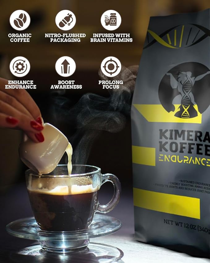 Kimera Koffee Organic Ground Coffee - 12 oz - Endurance Blend Medium Roast Ground Coffee with L-Tyrosine, Vitamin B12 and Glycine - Enjoy a Rich Organic Coffee Any Time of Day