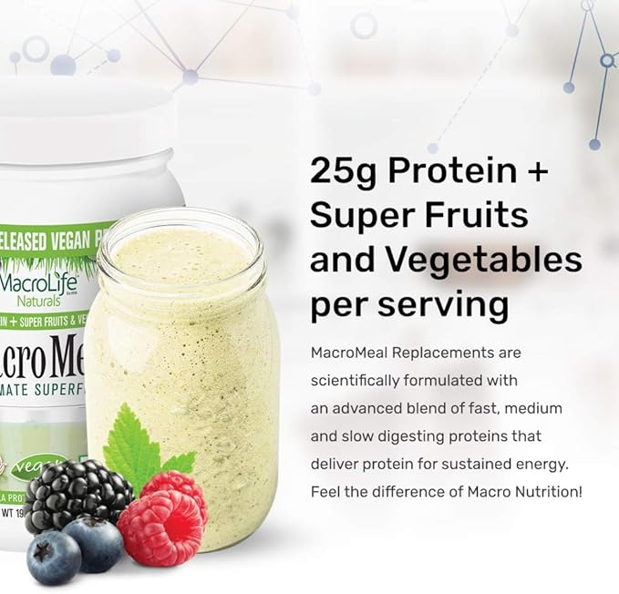 MacroLife Naturals MacroMeal Vegan Protein Powder Superfood Greens Probiotics + Fiber, Immune Energy Digestive Daily Essentials for Women & Men Gluten-Free - (15 Servings) (15 Servings, Vanilla)