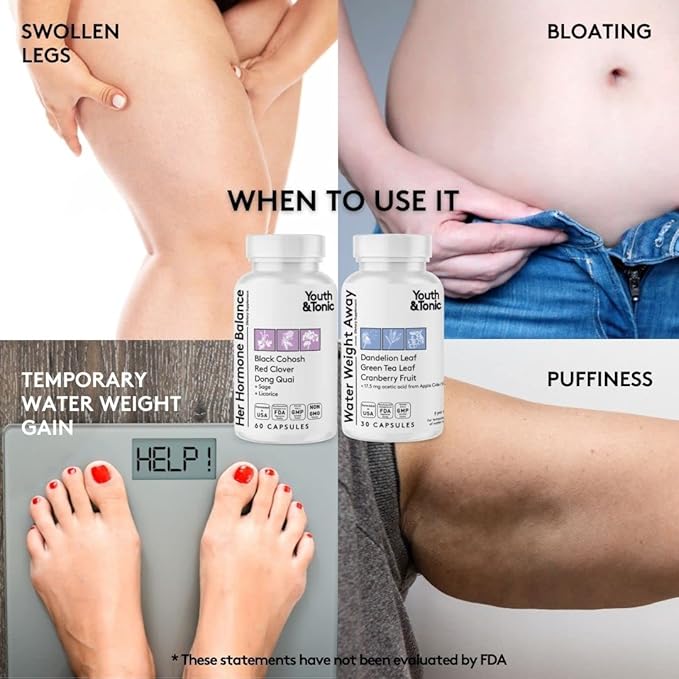 Youth & Tonic Water Retention Pills for Women and Hormone Balance Capsules for Swelling & Loss of Water and to Maintain Healthy Female Hormonal Level | 30 + 60 Capsules