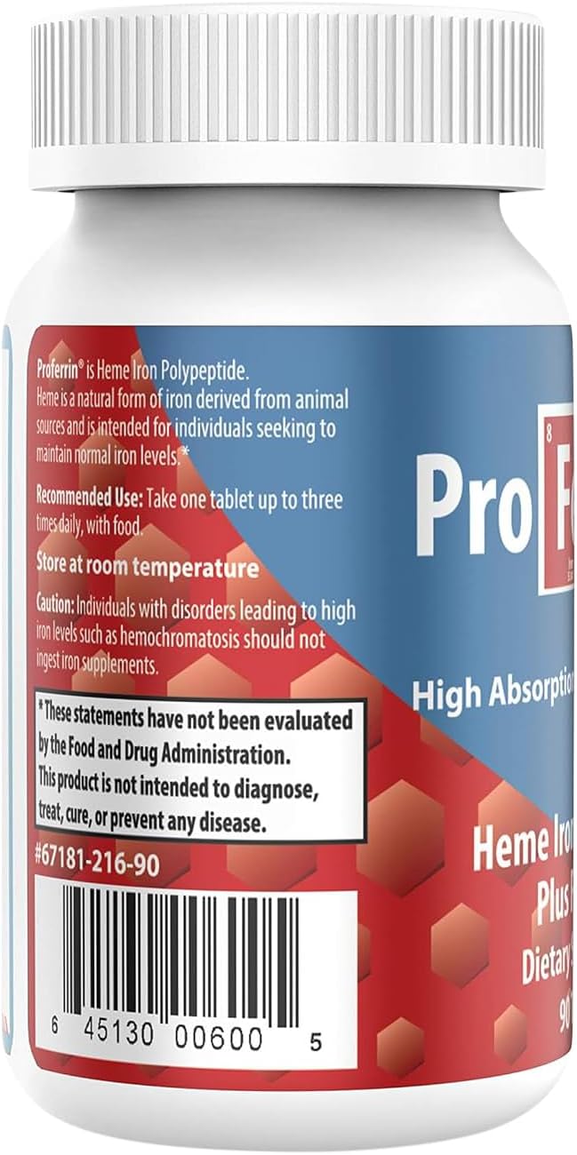 Proferrin Forte-12mg of high Absorbing Heme Iron Polypeptide. Easy on The Gut. 90 Tablets. 1mg of Folic Acid to aid in red Blood Cell Production. Not affected by Coffee, Calcium, or PPI's.