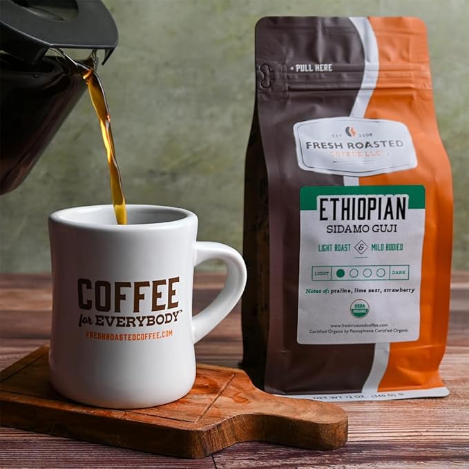 Fresh Roasted Coffee, Organic Ethiopian Sidamo Guji, 12 oz, Light Roast, Kosher, Whole Bean