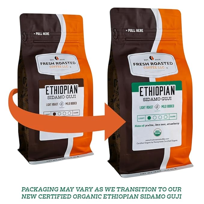 Fresh Roasted Coffee, Organic Ethiopian Sidamo Guji, 12 oz, Light Roast, Kosher, Whole Bean
