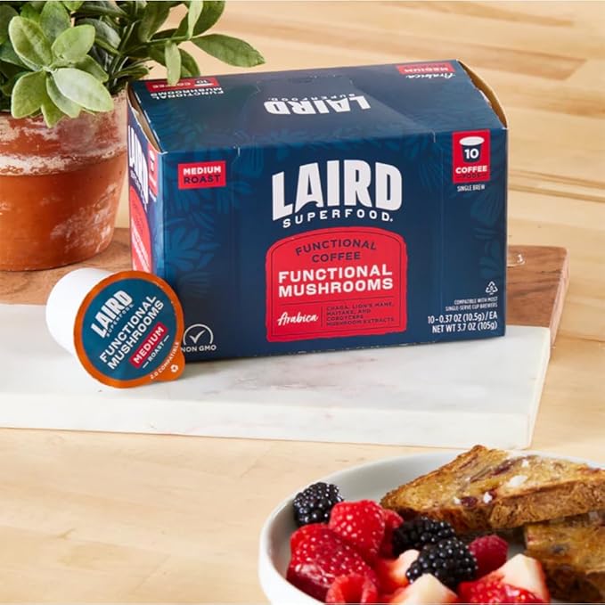 Laird Superfood K-Cups with Functional Mushrooms – Medium Roast, 10ct - Made with Organic Extracts of Chaga Mushrooms, Lion’s Mane, Maitake, and Cordyceps Functional Mushrooms