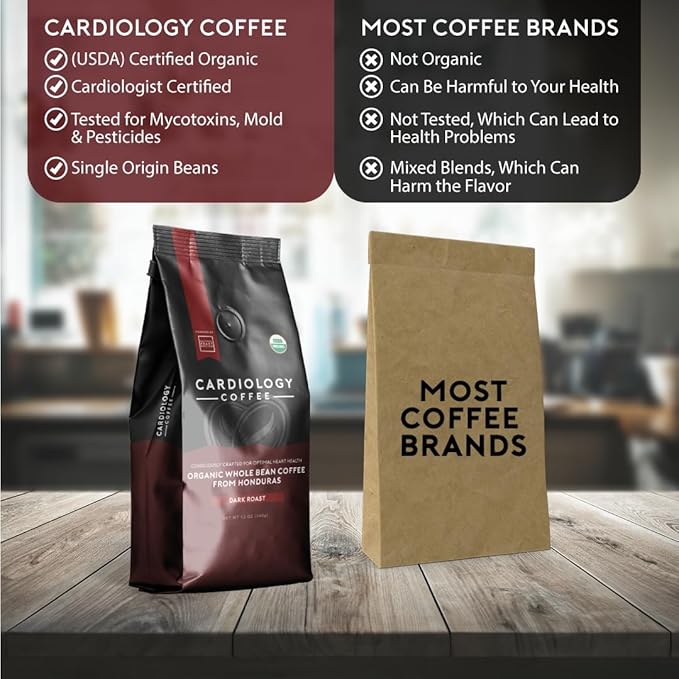 Heart Healthy Coffee - Organic Mold Free Coffee Whole Bean Dark Roast - USDA Certified Hand-Selected Honduras Cardio Coffee - Non-GMO Tested for Mycotoxins & Pesticides - 12oz