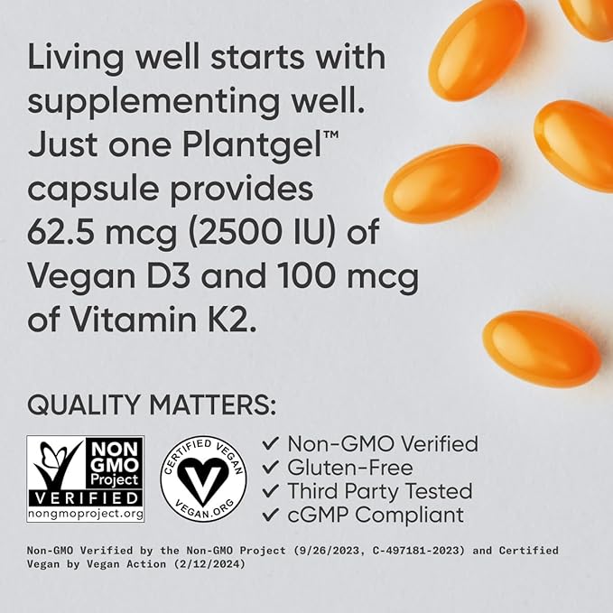 Sports Research® Vitamin D3 + K2 with Coconut MCT Oil | Vegan D3 2500iu (62.5mcg) & Plant Based Vitamin K2 Supplement | Vegan Certified, Soy & Gluten Free - 60 Softgels