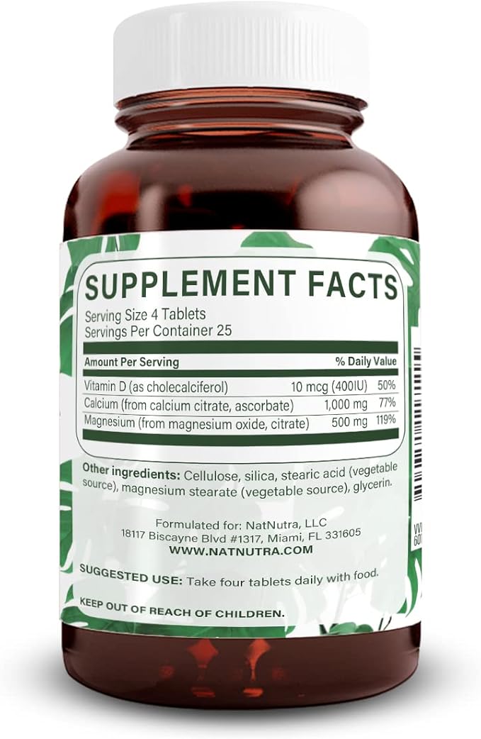 Natural Nutra Cal-Mag Citrate with Vitamin D3,1000/500 mg 100 Vegan