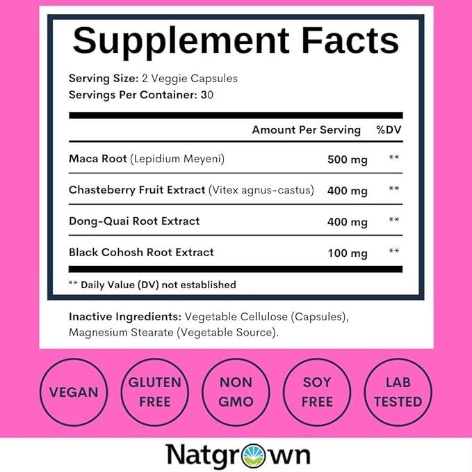 Natgrown Hormone Balance for Women PMS & Menopause Supplement for Fertility Hormonal & Menstrual Support, Helps Relief Hot Flashes - Maca Root, Vitex, Dong Quai & Black Cohosh Complex -Vegan Capsules