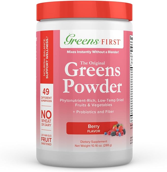 Greens First Original Greens Powder - 49 Superfoods - Organic Fruits & Veggies - Prebiotics, Probiotics & Digestive Enzymes - Antioxidant Smoothie - Dairy Free, Vegan & Non-GMO (Berry, 30 Servings)