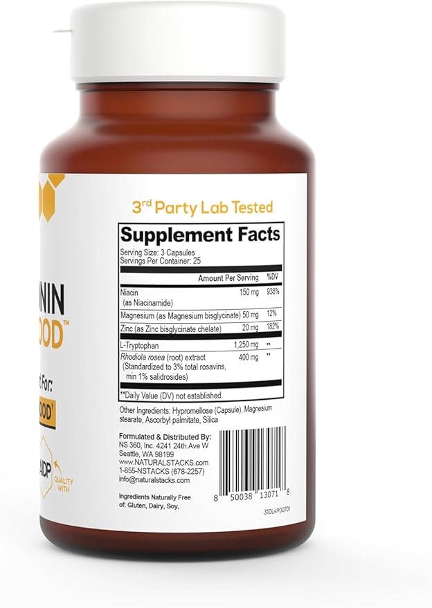 NATURAL STACKS Serotonin Brain Food w/L-Tryptophan & Rhodiola Rosea - Mood Support Supplement - Promotes Positive Mood, Calmness, Stress Relief - Happy Mood & Brain Support Supplement - 75 Capsules