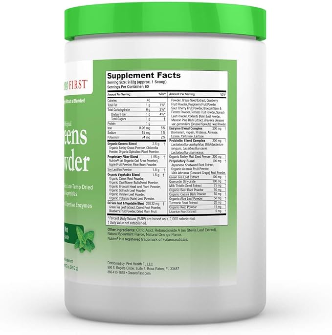 Greens First Original Greens Powder - 49 Superfoods - Organic Fruits & Veggies - Prebiotics, Probiotics & Digestive Enzymes - Antioxidant Smoothie - Dairy Free, Vegan & Non-GMO (Mint, 60 Servings)