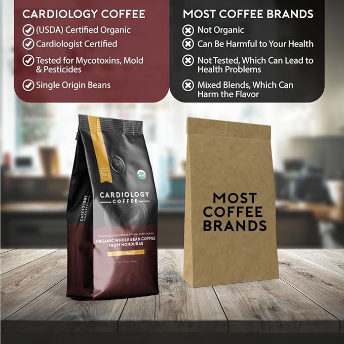 Heart Healthy Coffee - Organic Mold Free Coffee Whole Bean Light Roast - USDA Certified Hand-Selected Honduras Cardio Coffee - Non-GMO Tested for Mycotoxins & Pesticides - 12oz