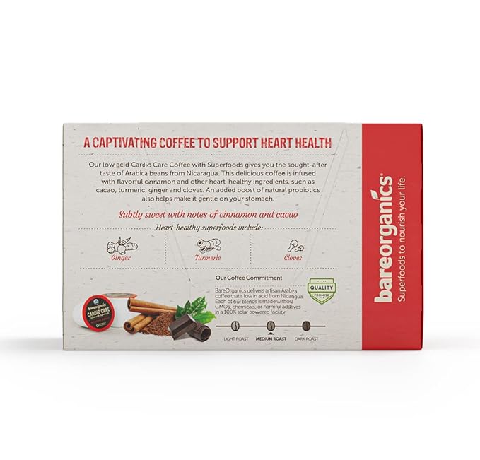 BareOrganics Cardio Care Coffee With Superfoods & Probiotics | Keurig K-Cup Compatible Coffee Pods | USDA Certified Organic, Vegan, Non-GMO & Recyclable 72ct