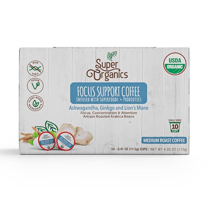 Super Organics Focus Support Coffee Brew Cups With Superfoods & Probiotics, Adaptogens, Medium Roast, USDA Certified, Vegan, Non-GMO, 10 count