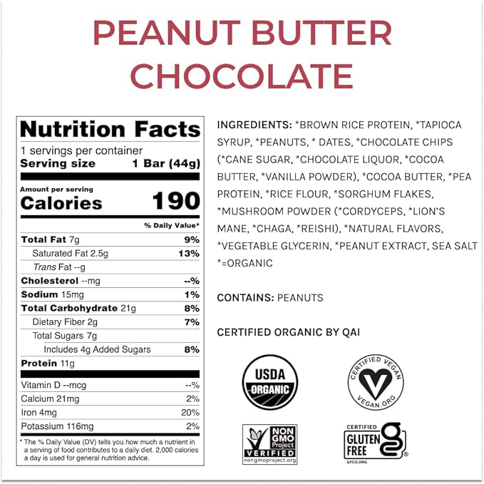 Organic Functional Mushroom Vegan Protein Bars | Made in USA | Full Dose (1500mg) Lions Mane, Chaga, Reishi & Cordyceps Bars | Plant Protein Bars w/ Adaptogens & Superfoods | Peanut Butter Chocolate Flavor
