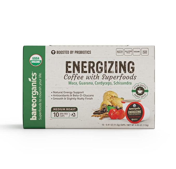 BareOrganics ENERGIZING USDA Organic Coffee Infused with Superfoods & Probiotics, Organic Coffee Pods, Compatible Organic Coffee Pods, Vegan, Gluten Free Single Serve 80ct Bulk Pack (15948)
