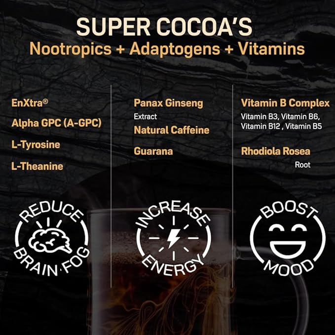 Super Cocoa Coffee Alternative Hot Chocolate Mix - Nootropics Brain Support Supplement for Memory & Focus - Mushroom Coffee Substitute - Dairy Free, Sugar Free, Keto, Vegan Superfood Powder Mix