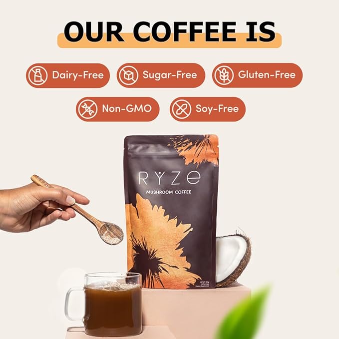RYZE Starter Kit | Mushroom Coffee Bundle | 6 Adaptogenic Mushrooms | USDA Organic | Instant Coffee | MCT Oil | USA Grown | Better Energy, Focus, Digestion, Immunity | 60 servings